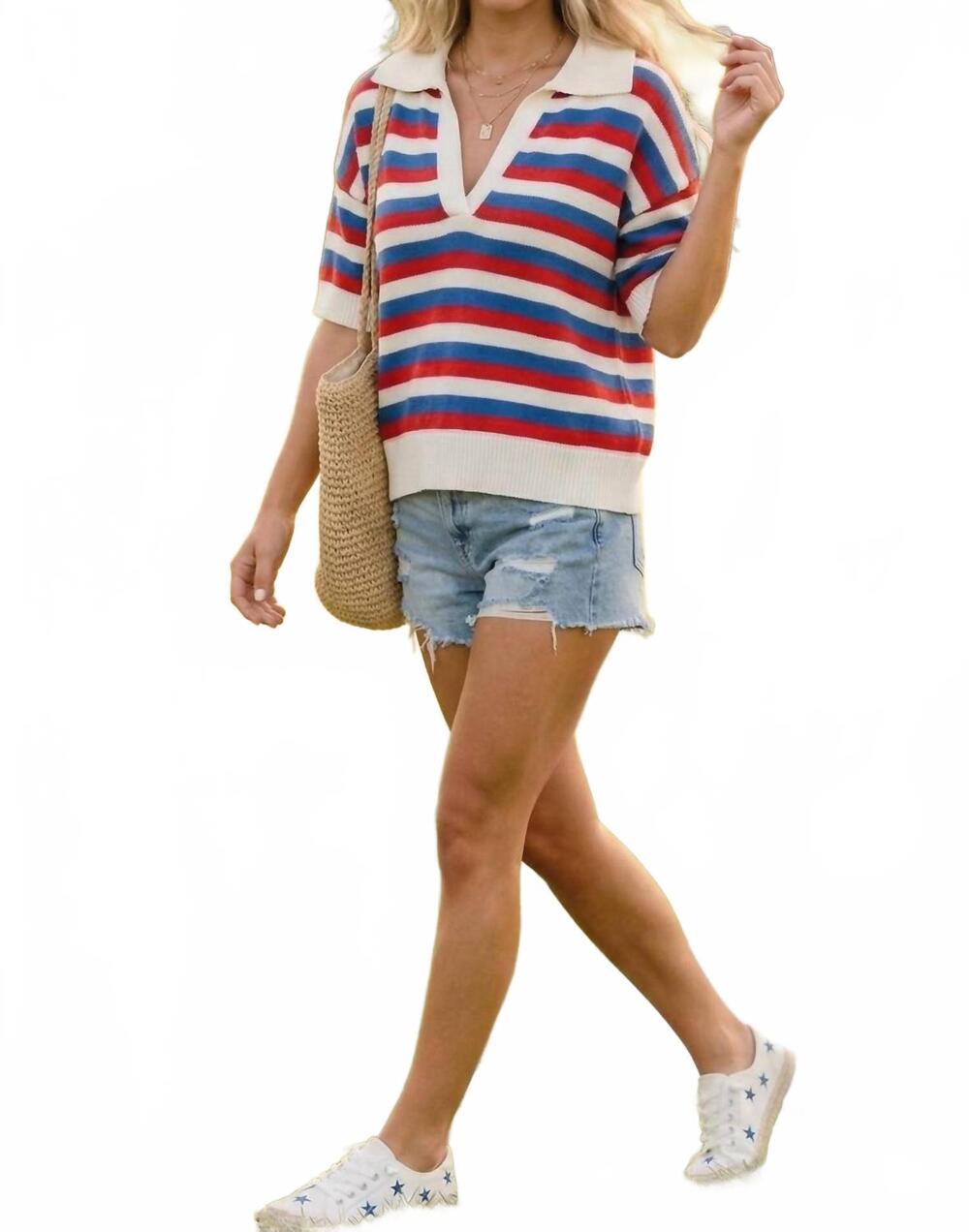 NEW SEWN AND SEEN women's americana striped lightweight sweater top in red/blue/ - Picture 5 of 5